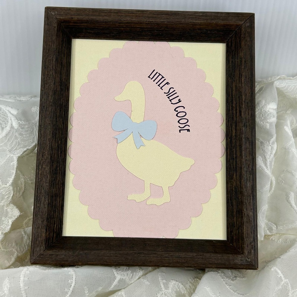 Vintage Goose Framed Art Handmade Wood Blue Bowed Cardstock Cottagecore Nursery